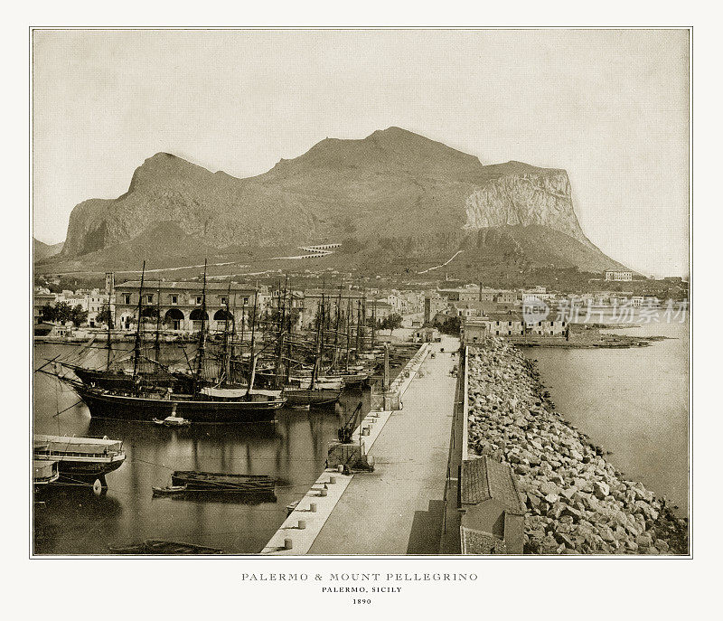 Palermo和Monte Pellegrino, Palmero，西西里，意大利，古董意大利照片，1893